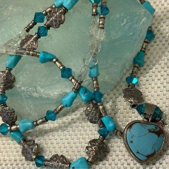 Reversible Heart Pendant Layered Turquoise & Sterling Silver Beaded Necklace - Picture 5 of 9